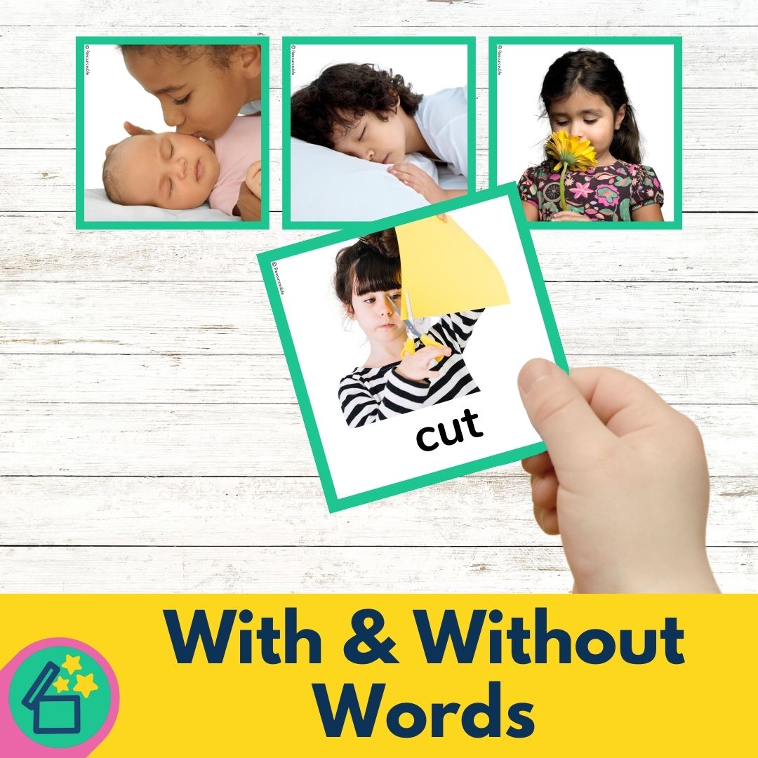 100 printable pdf verb flashcard resource for teachers and speech therapists.