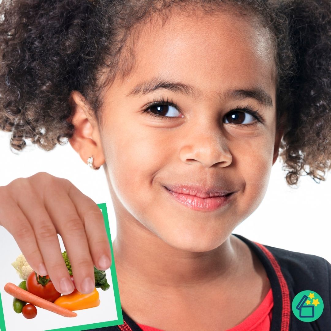 Happy little girl holding a Resourceible flashcard with a picture of a B in the middle word.