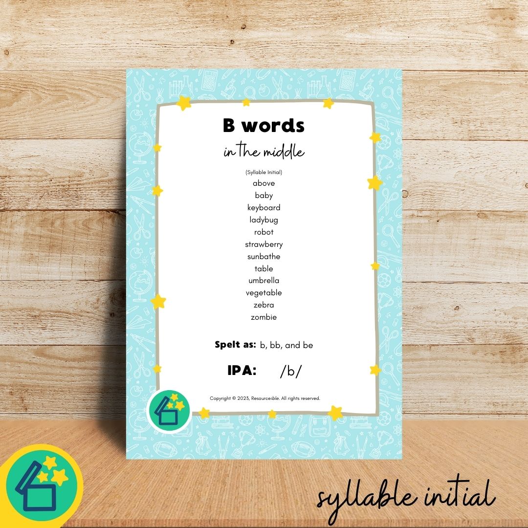 List of B words with B in the middle in syllable initial position by Resourceible.