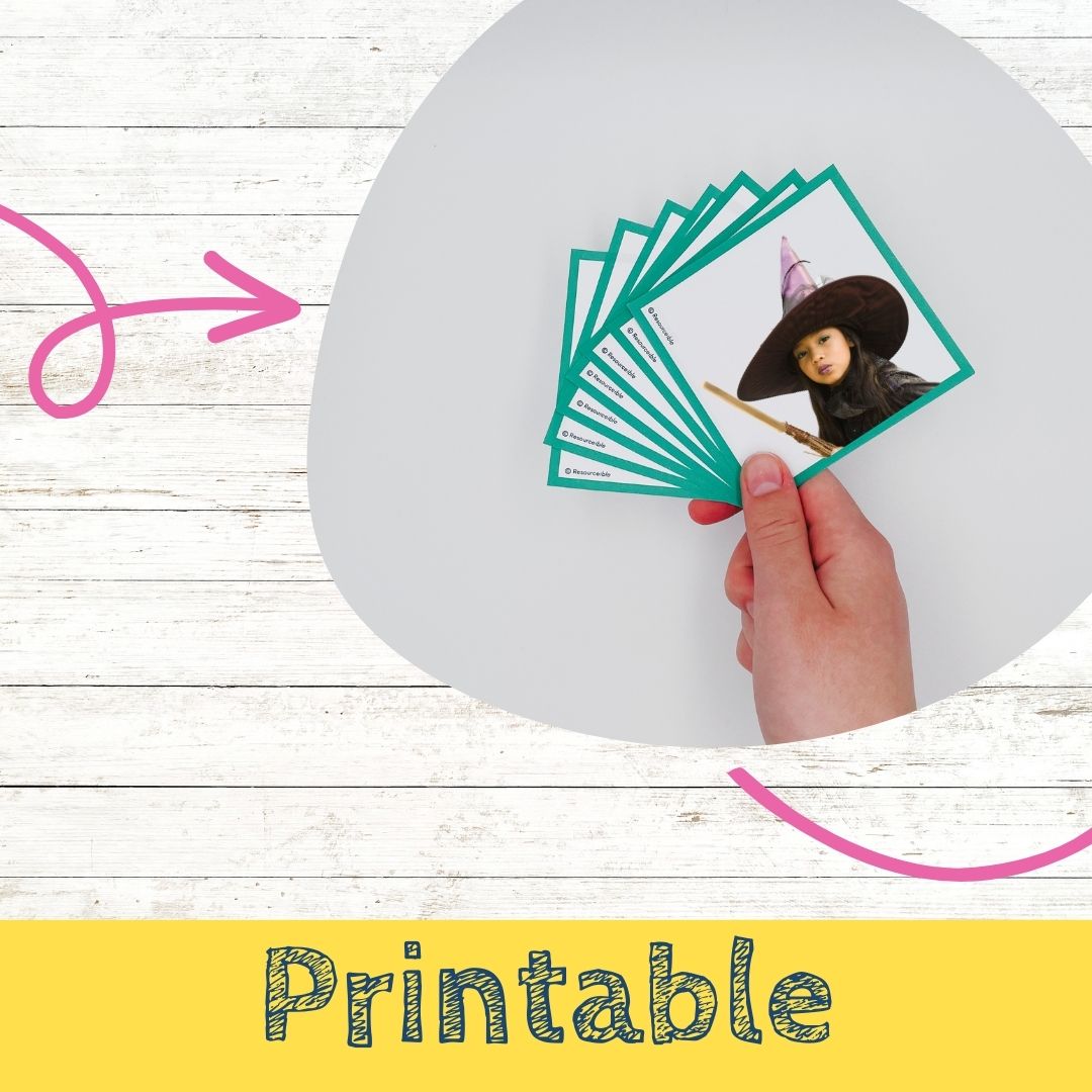 Printable flashcard for ch words being held by a child's hand.