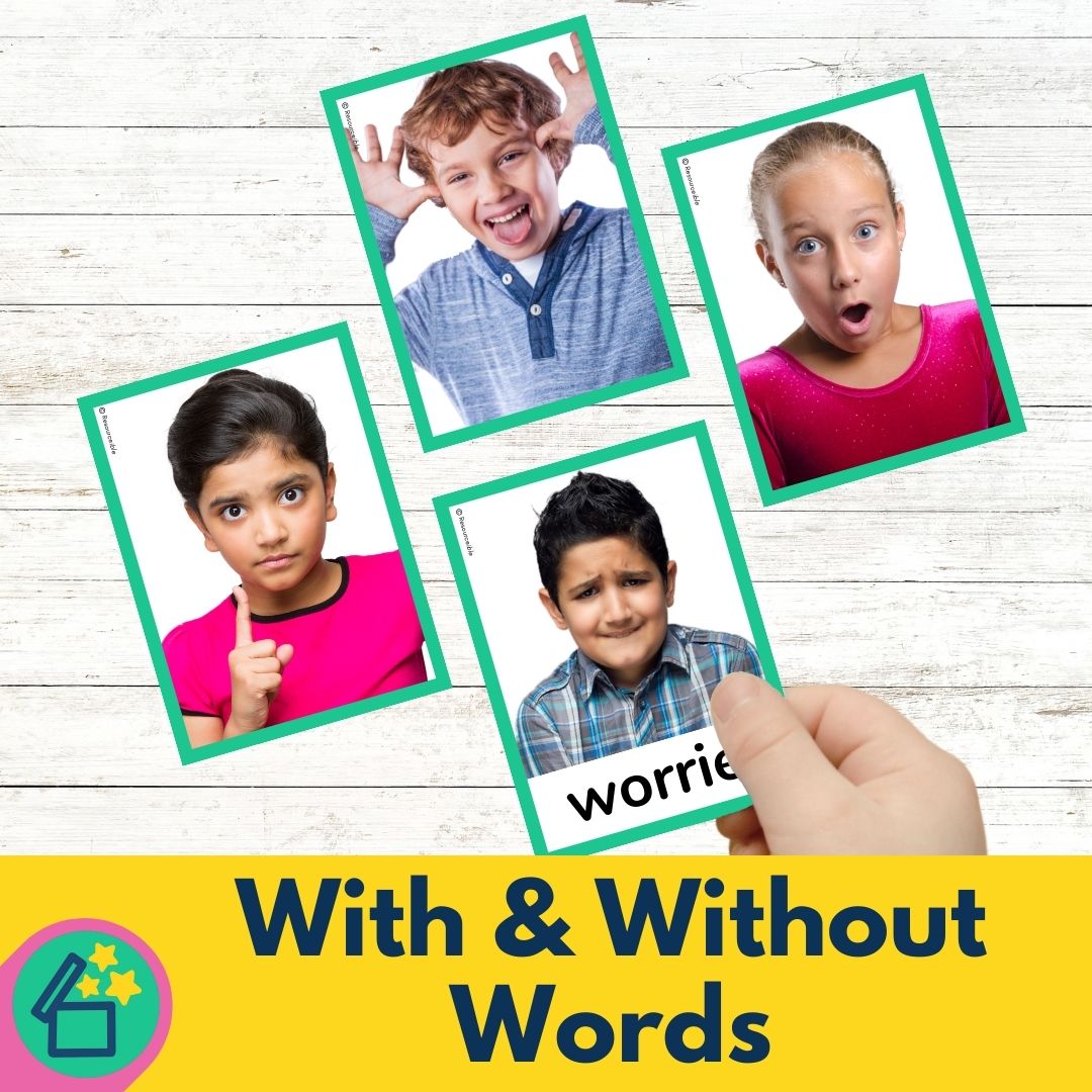 Learn emotions and social awareness skills with flashcards in speech therapy or classroom or group setting.