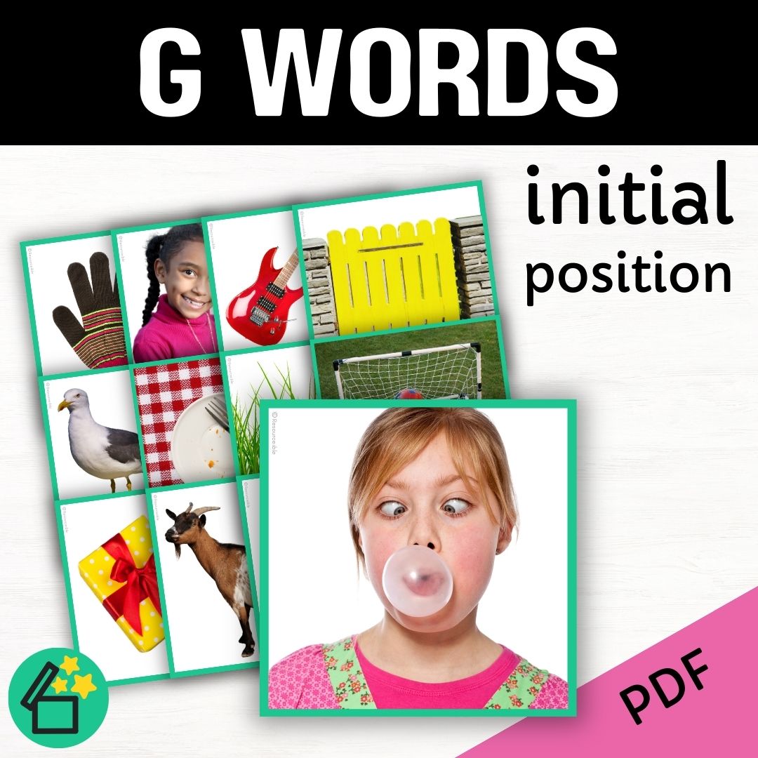 Eliciting sounds in speech therapy. Flash cards with G at the beginning. Initial G speech sound. G phonic for teachers. Ultimate speech sounds book. DARA by Resourceible, Kate Beckett.