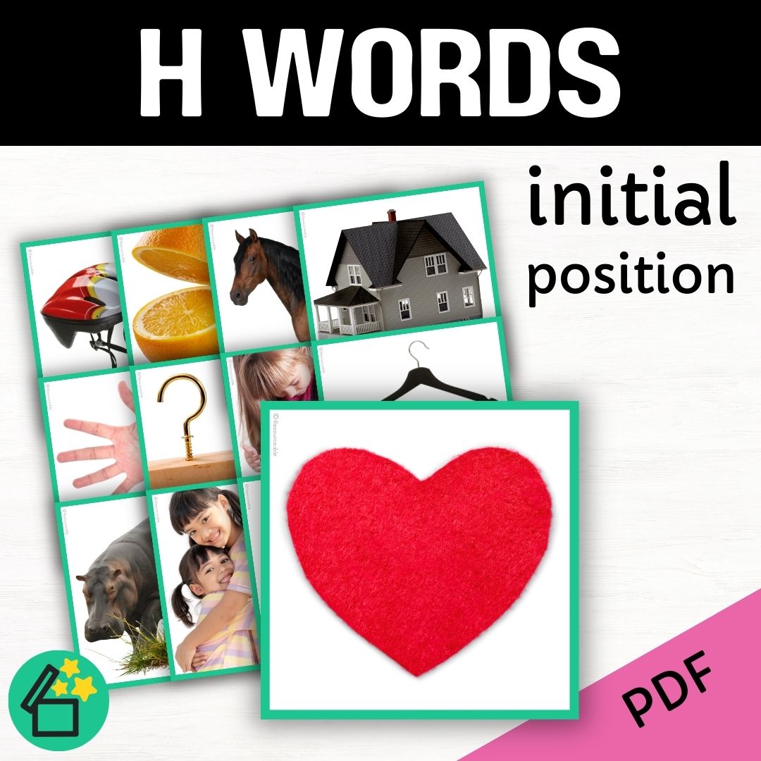 Eliciting sounds in speech therapy. Flash cards with H at the beginning. Initial H speech sound. H phonic for teachers. Ultimate speech sounds book. DARA by Resourceible, Kate Beckett.