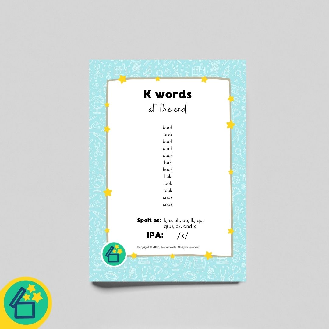 K Words | Words ending with K | Speech Therapy Resources | pdf