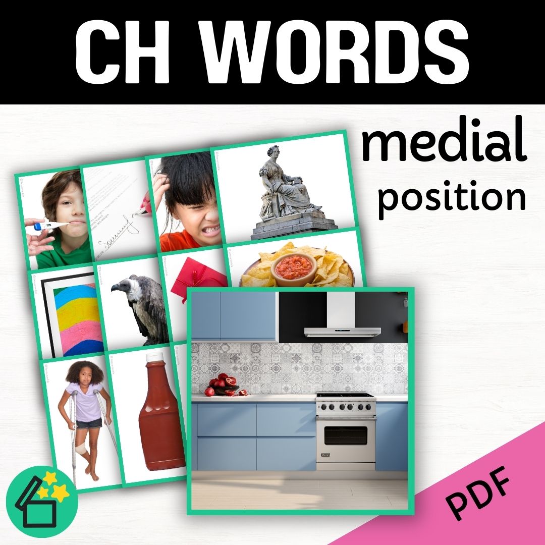 Speech therapy target word lists. Words with CH in the middle. Eliciting CH in medial position. Resources for teaching the CH sound. Eliciting speech sounds with Speech Therapist Kate Beckett. Speech therapy activities, materials, and games for Teachers by Resourceible.