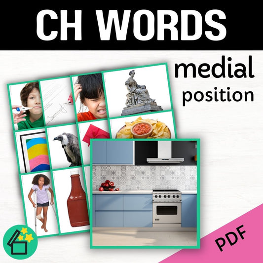 Speech therapy target word lists. Words with CH in the middle. Eliciting CH in medial position. Resources for teaching the CH sound. Eliciting speech sounds with Speech Therapist Kate Beckett. Speech therapy activities, materials, and games for Teachers by Resourceible.