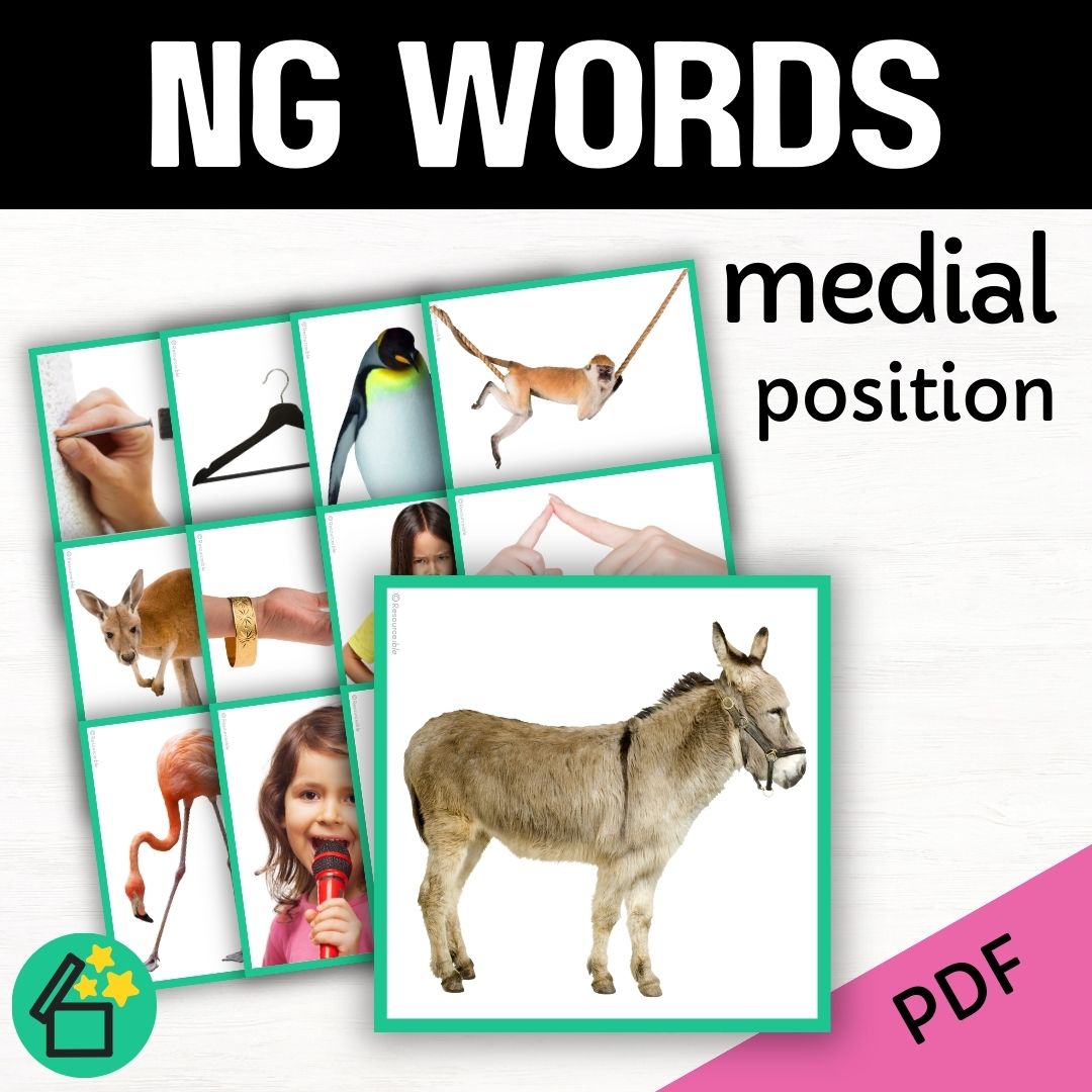 Speech therapy target word lists. Words with NG in the middle. Eliciting NG in medial position. Resources for teaching the NG sound. Eliciting speech sounds with Speech Therapist Kate Beckett. Speech therapy activities, materials, and games for Teachers by Resourceible.