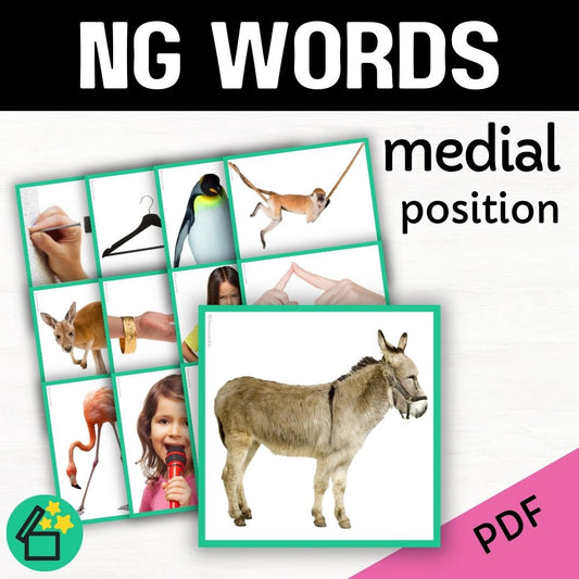 Speech therapy target word lists. Words with NG in the middle. Eliciting NG in medial position. Resources for teaching the NG sound. Eliciting speech sounds with Speech Therapist Kate Beckett. Speech therapy activities, materials, and games for Teachers by Resourceible.
