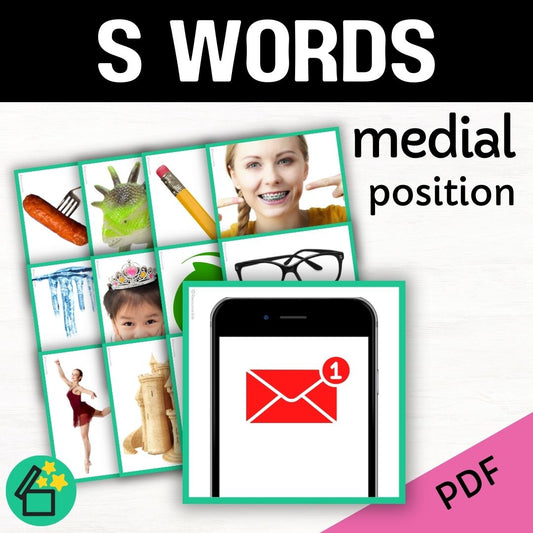 Speech therapy target word lists. Words with S in the middle. Eliciting S in medial position. Resources for teaching the S sound. Eliciting speech sounds with Speech Therapist Kate Beckett. Speech therapy activities, materials, and games for Teachers by Resourceible.