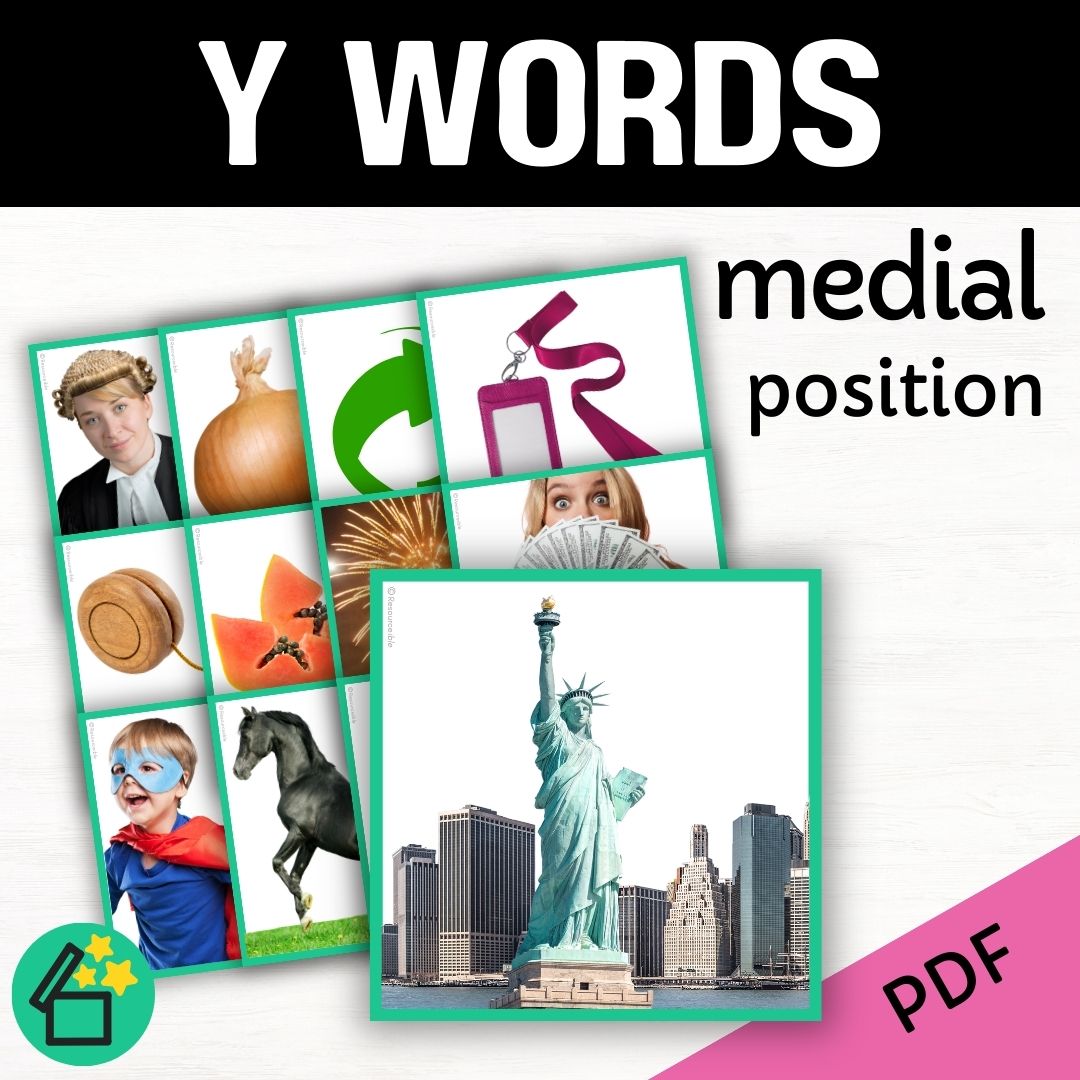 Speech therapy target word lists. Words with Y in the middle. Eliciting Y in medial position. Resources for teaching the Y sound. Eliciting speech sounds with Speech Therapist Kate Beckett. Speech therapy activities, materials, and games for Teachers by Resourceible.