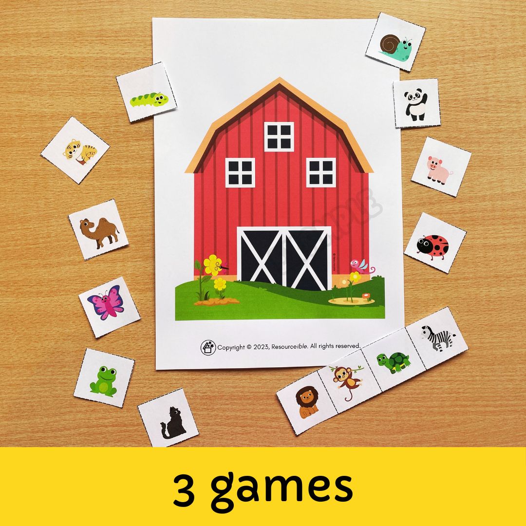 Kids memory game using farm animals for SLPs and SLTs.