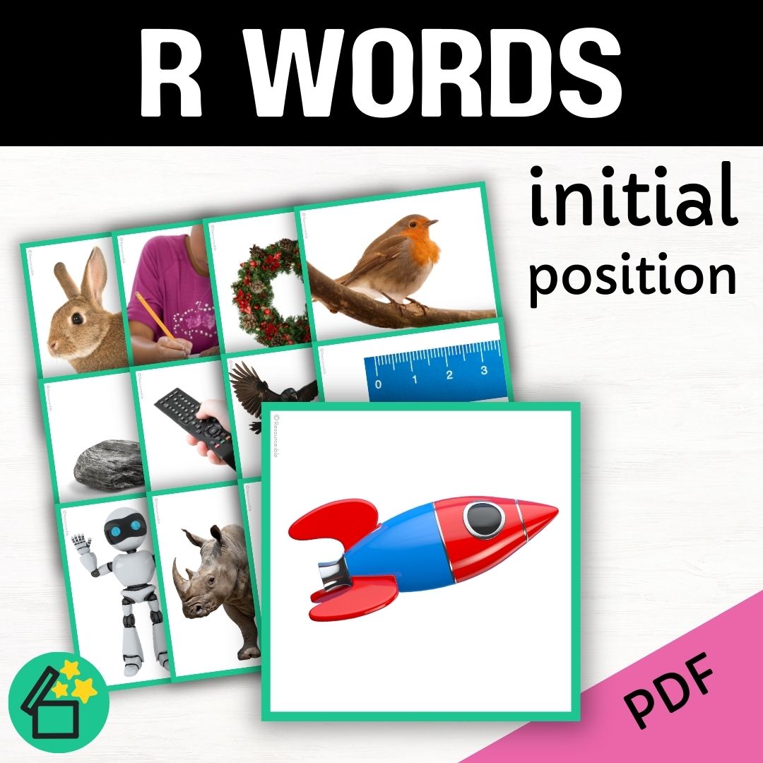 Eliciting sounds in speech therapy. Flash cards with R at the beginning. Initial R speech sound. R phonic for teachers. Ultimate speech sounds book. DARA by Resourceible, Kate Beckett.