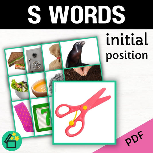 Eliciting sounds in speech therapy. Flash cards with S at the beginning. Initial S speech sound. S phonic for teachers. Ultimate speech sounds book. DARA by Resourceible, Kate Beckett.