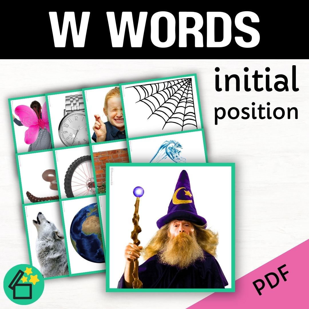 Eliciting sounds in speech therapy. Flash cards with W at the beginning. Initial W speech sound. W phonic for teachers. Ultimate speech sounds book. DARA by Resourceible, Kate Beckett.