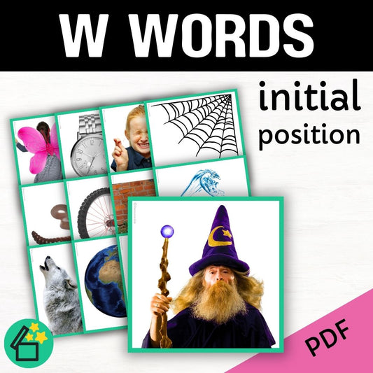 Eliciting sounds in speech therapy. Flash cards with W at the beginning. Initial W speech sound. W phonic for teachers. Ultimate speech sounds book. DARA by Resourceible, Kate Beckett.