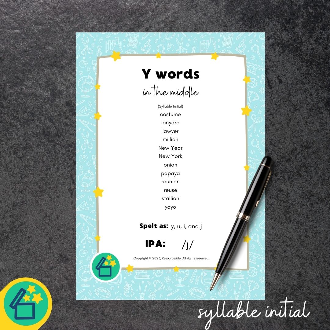 Y Words | Words with Y in the middle | Speech Therapy Resources | pdf