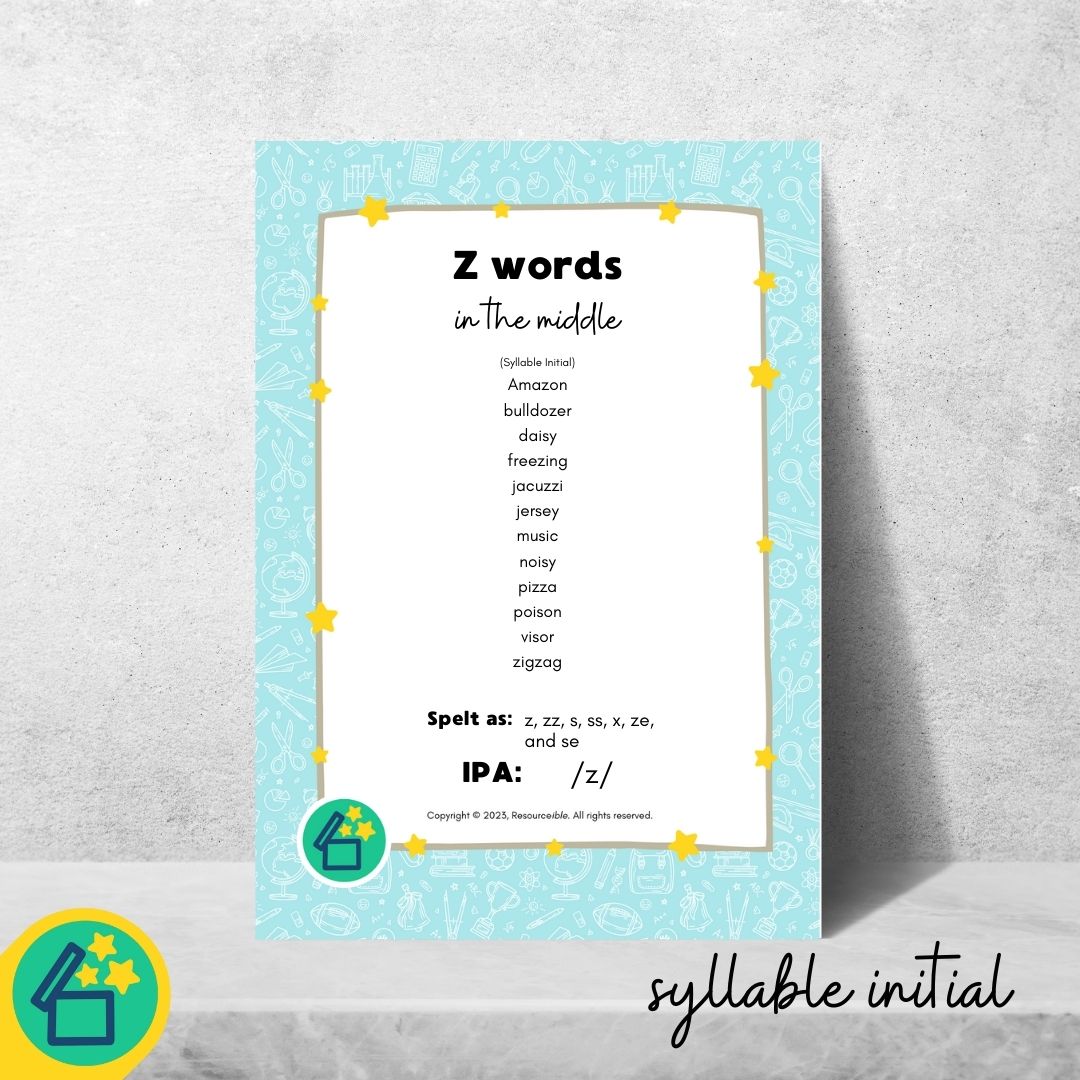 Z Words | Words with Z in the middle | Speech Therapy Resources | pdf