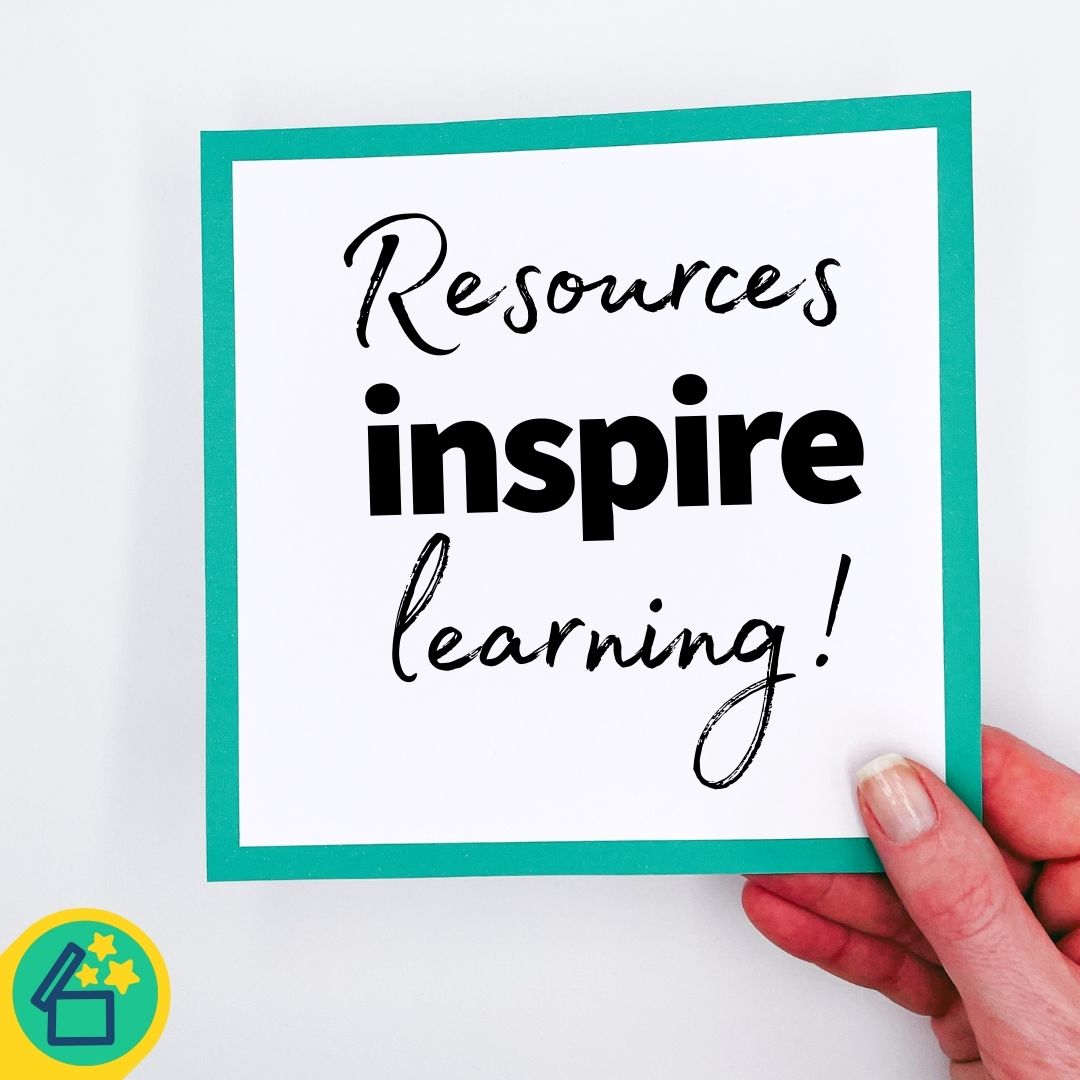Hand holding sign that says resources inspire learning by Resourceible.