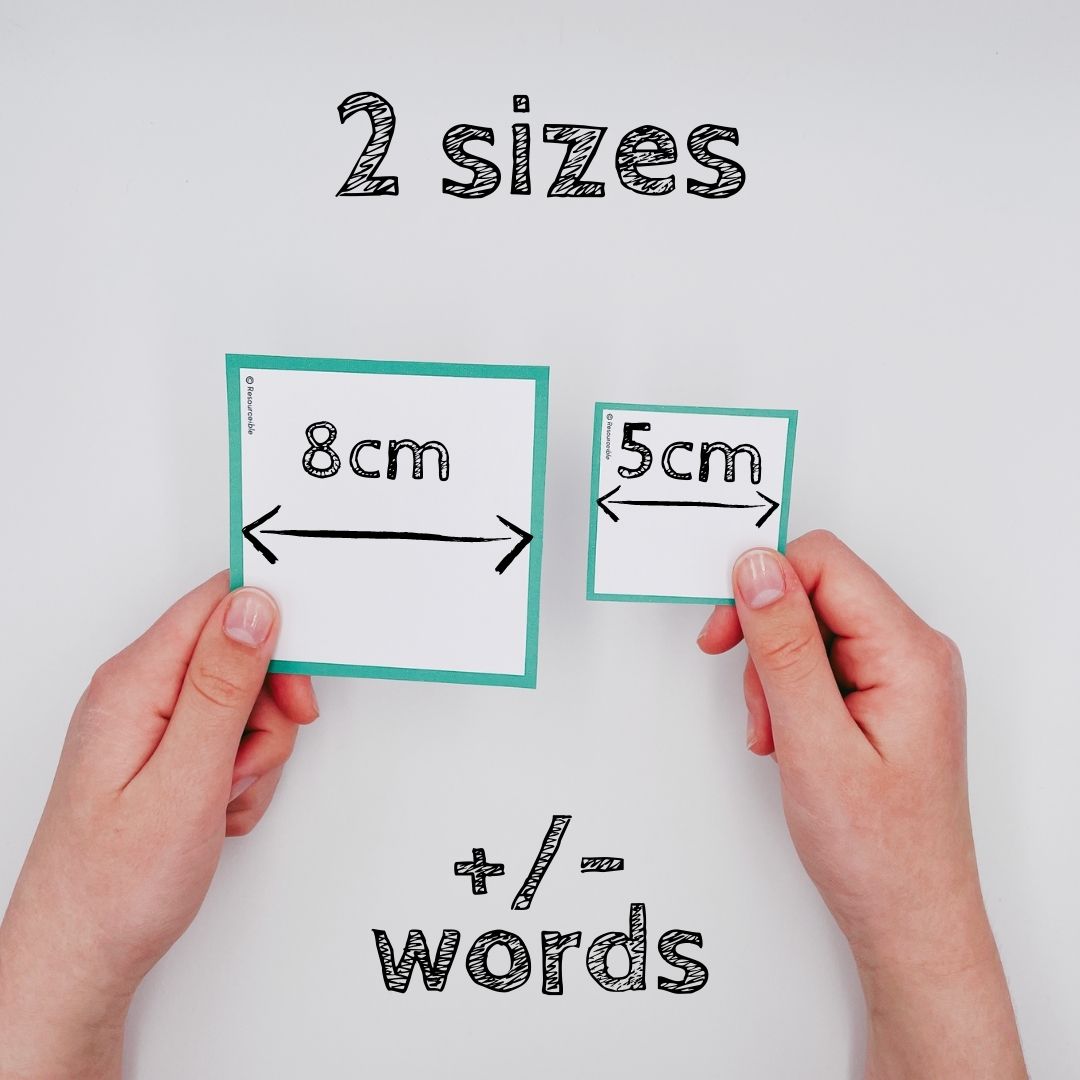 Hands holding two different size cards to show the sizes of Resourceible flashcards are 8cm and 5cm.