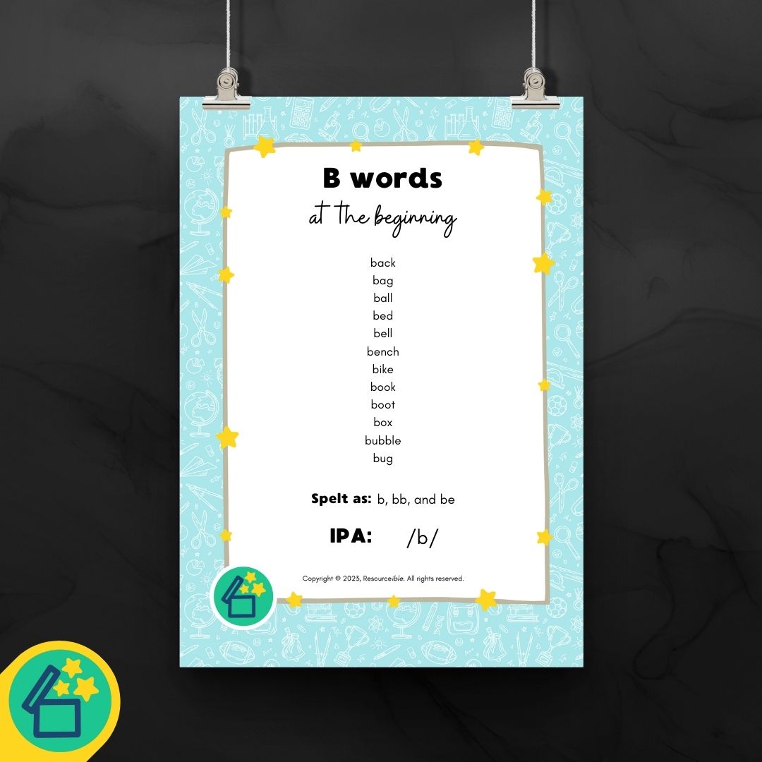 Words beginning with B for teachers and speech therapists by Resourceible.