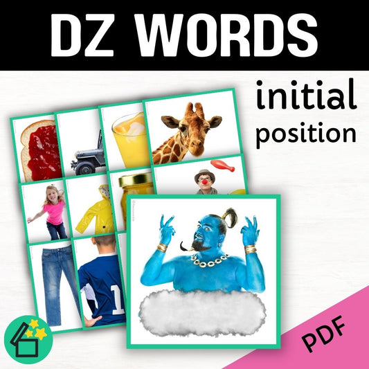 Eliciting sounds in speech therapy. Flash cards with DZ at the beginning. Initial DZ speech sound. DZ phonic for teachers. Ultimate speech sounds book. DARA by Resourceible, Kate Beckett. DG sound.