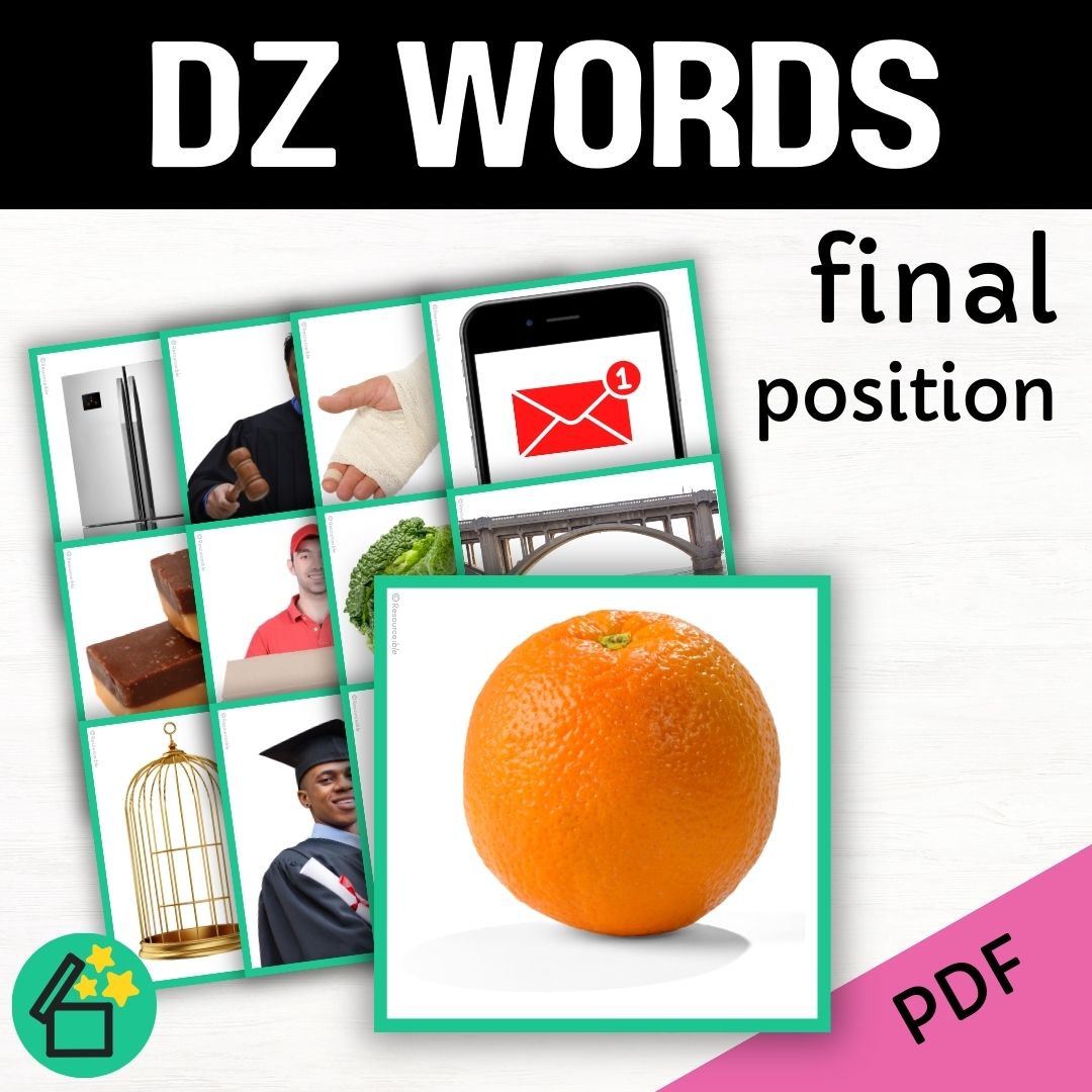 DZ word list for speech therapy and teachers by Resourceible. Eliciting the DZ sound at the end of words. DG speech sound.