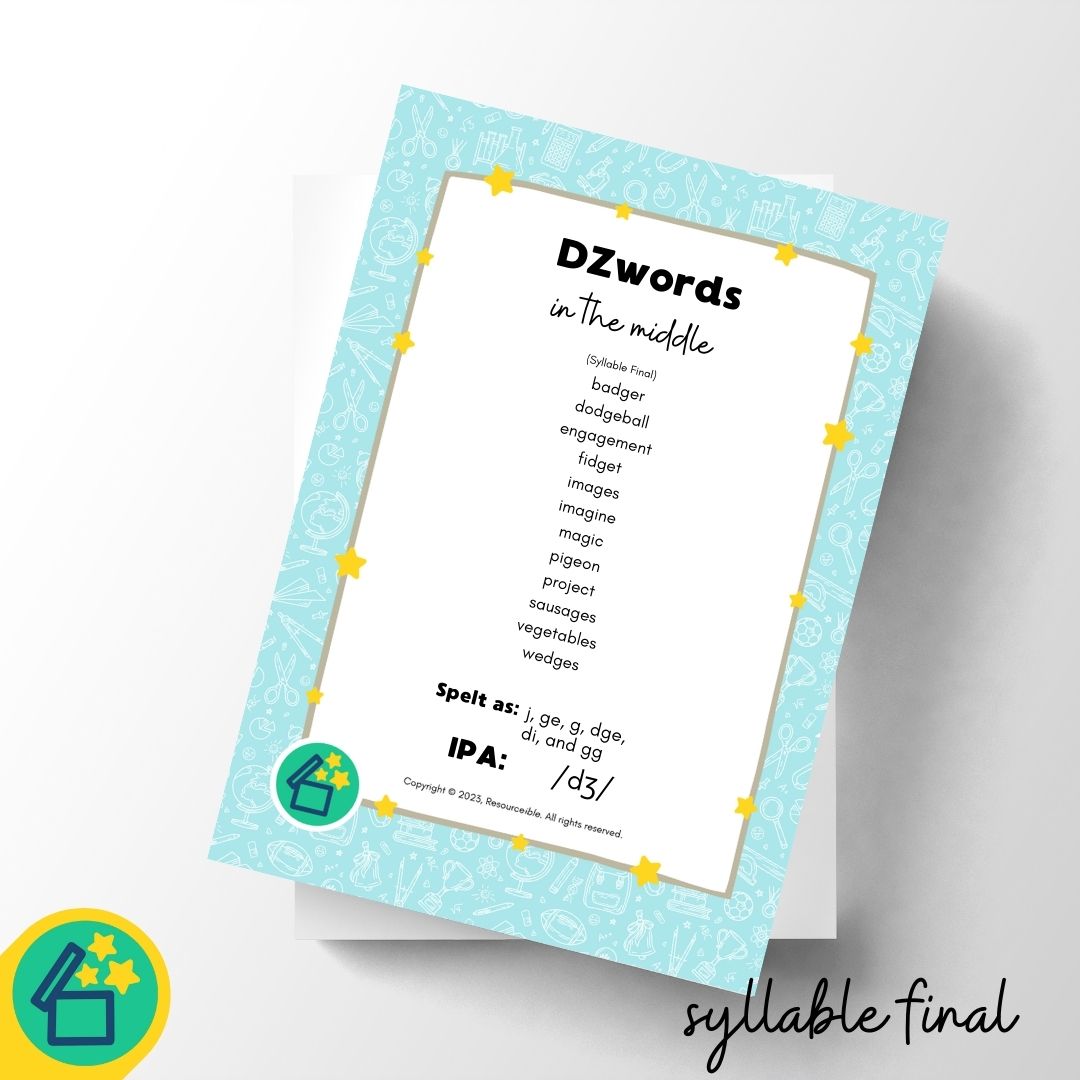 DZ Words | Words with DZ in the middle | Speech Therapy Resources | pdf