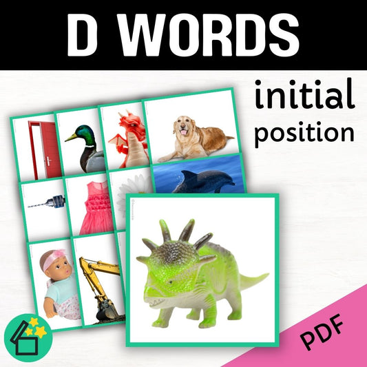 Eliciting sounds in speech therapy. Flash cards with D at the beginning. Initial D speech sound. D phonic for teachers. Ultimate speech sounds book. DARA by Resourceible, Kate Beckett.