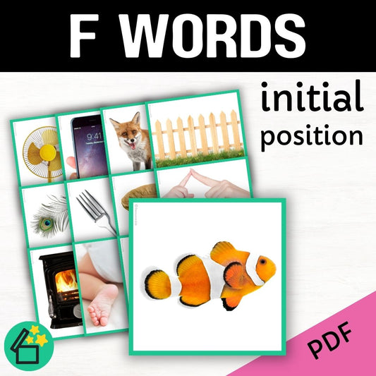 Eliciting sounds in speech therapy. Flash cards with F at the beginning. Initial F speech sound. F phonic for teachers. Ultimate speech sounds book. DARA by Resourceible, Kate Beckett.