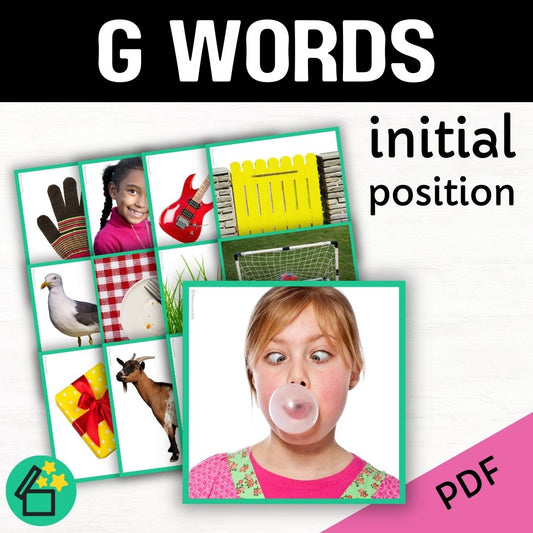 Eliciting sounds in speech therapy. Flash cards with G at the beginning. Initial G speech sound. G phonic for teachers. Ultimate speech sounds book. DARA by Resourceible, Kate Beckett.