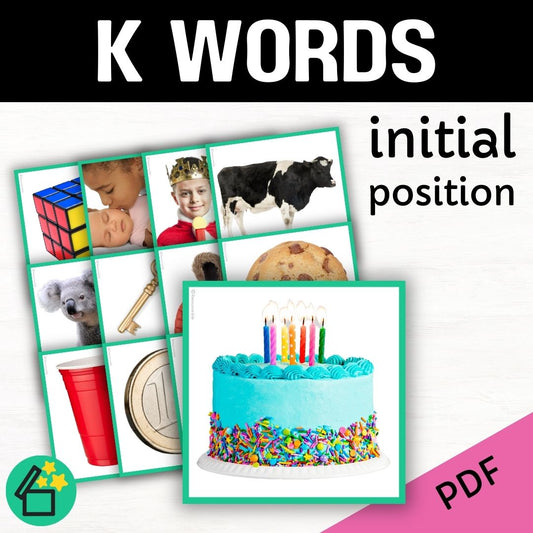 Eliciting sounds in speech therapy. Flash cards with K at the beginning. Initial K speech sound. K phonic for teachers. Ultimate speech sounds book. DARA by Resourceible, Kate Beckett.