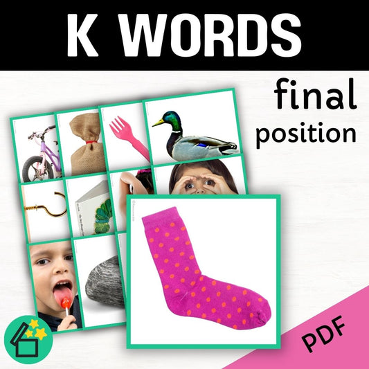 K word list for speech therapy and teachers by Resourceible. Eliciting the K sound at the end of words.