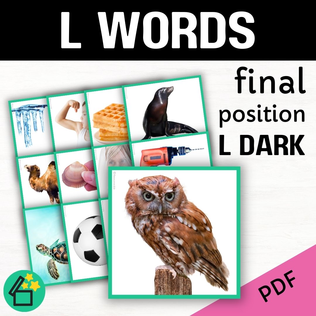 L word list for speech therapy and teachers by Resourceible. Eliciting the L sound at the end of words. Dark L speech sound.