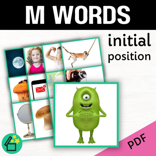 Eliciting sounds in speech therapy. Flash cards with M at the beginning. Initial M speech sound. M phonic for teachers. Ultimate speech sounds book. DARA by Resourceible, Kate Beckett.