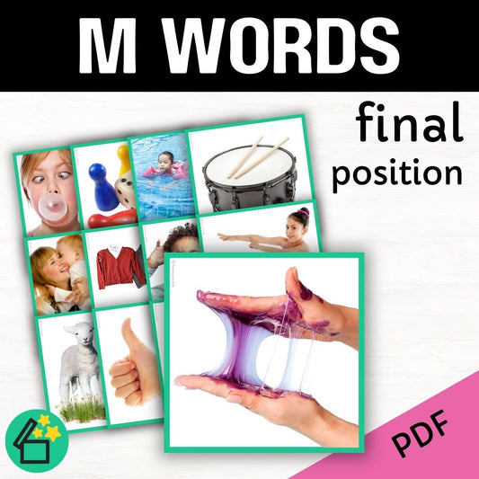 M word list for speech therapy and teachers by Resourceible. Eliciting the M sound at the end of words.