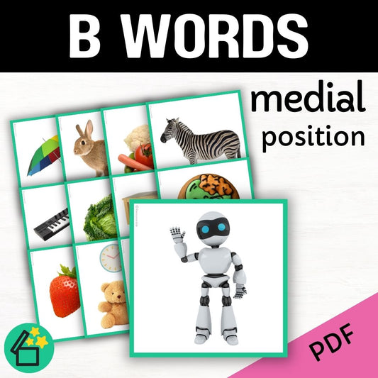 Speech therapy target word lists. Words with B in the middle. Eliciting B in medial position. Resources for teaching the B sound. Eliciting speech sounds with Speech Therapist Kate Beckett. Speech therapy activities, materials, and games for Teachers by Resourceible.