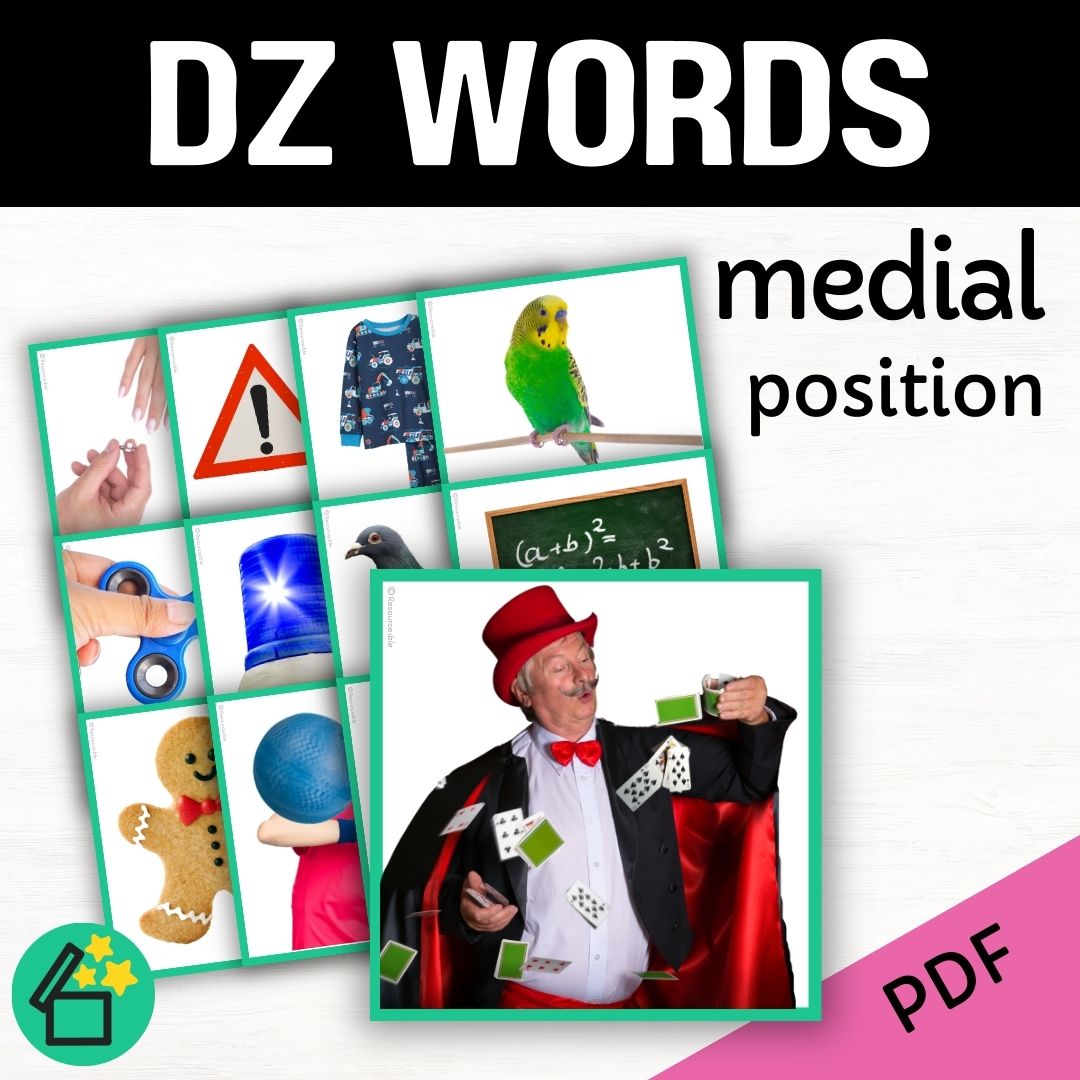 Speech therapy target word lists. Words with DZ in the middle. Eliciting DZ in medial position. Resources for teaching the DZ sound. Eliciting speech sounds with Speech Therapist Kate Beckett. Speech therapy activities, materials, and games for Teachers by Resourceible. DG sound.