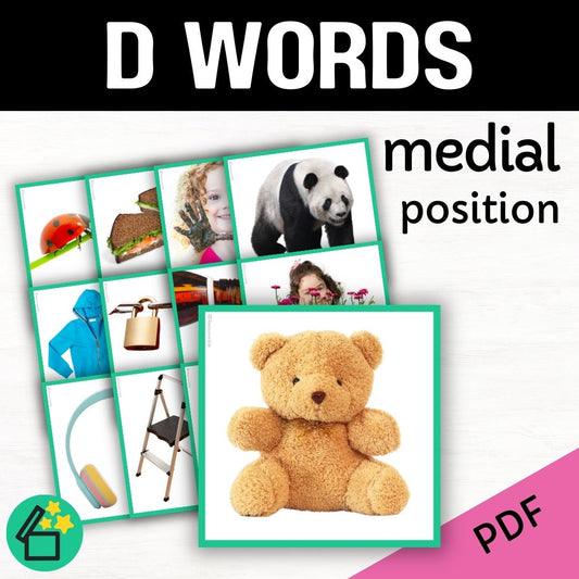 Speech therapy target word lists. Words with D in the middle. Eliciting D in medial position. Resources for teaching the D sound. Eliciting speech sounds with Speech Therapist Kate Beckett. Speech therapy activities, materials, and games for Teachers by Resourceible.
