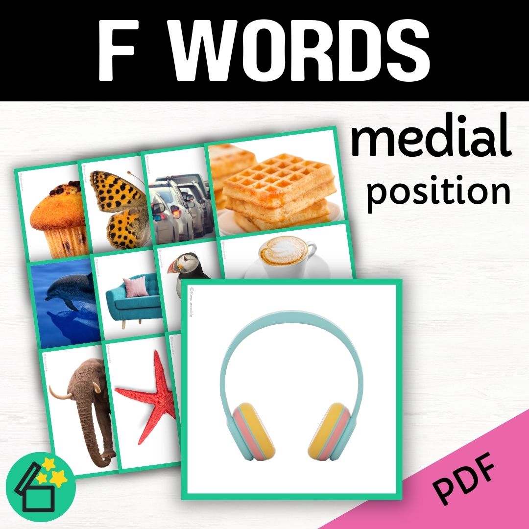 Speech therapy target word lists. Words with F in the middle. Eliciting F in medial position. Resources for teaching the F sound. Eliciting speech sounds with Speech Therapist Kate Beckett. Speech therapy activities, materials, and games for Teachers by Resourceible.