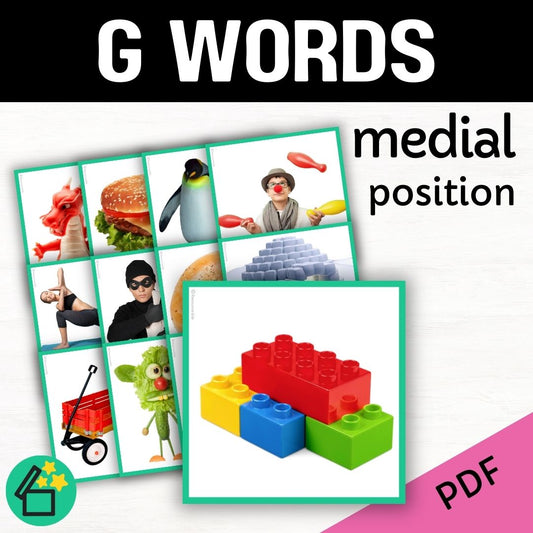 Speech therapy target word lists. Words with G in the middle. Eliciting G in medial position. Resources for teaching the G sound. Eliciting speech sounds with Speech Therapist Kate Beckett. Speech therapy activities, materials, and games for Teachers by Resourceible.