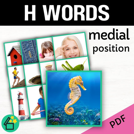 Speech therapy target word lists. Words with H in the middle. Eliciting H in medial position. Resources for teaching the H sound. Eliciting speech sounds with Speech Therapist Kate Beckett. Speech therapy activities, materials, and games for Teachers by Resourceible.