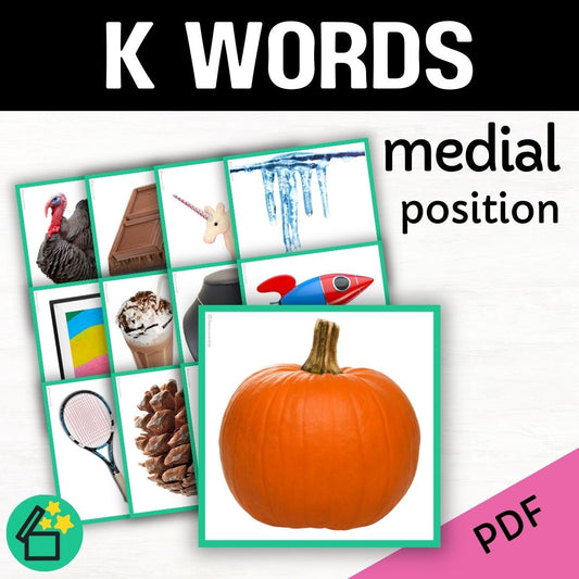 Speech therapy target word lists. Words with K in the middle. Eliciting K in medial position. Resources for teaching the K sound. Eliciting speech sounds with Speech Therapist Kate Beckett. Speech therapy activities, materials, and games for Teachers by Resourceible.