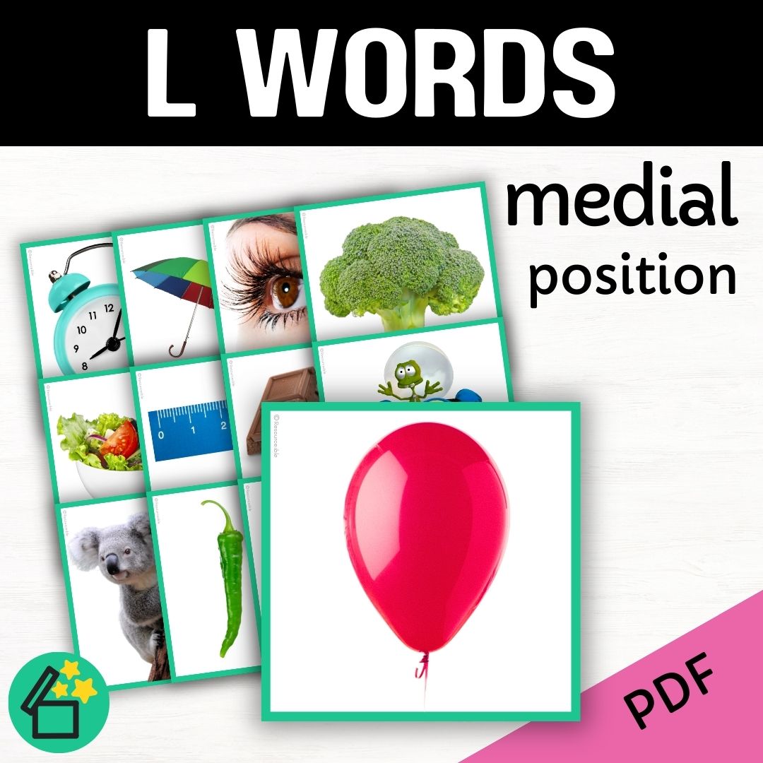 Speech therapy target word lists. Words with L in the middle. Eliciting L in medial position. Resources for teaching the L sound. Eliciting speech sounds with Speech Therapist Kate Beckett. Speech therapy activities, materials, and games for Teachers by Resourceible.