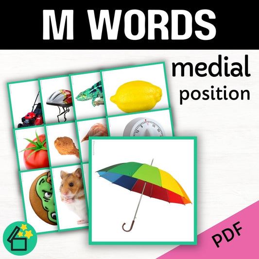 Speech therapy target word lists. Words with M in the middle. Eliciting M in medial position. Resources for teaching the M sound. Eliciting speech sounds with Speech Therapist Kate Beckett. Speech therapy activities, materials, and games for Teachers by Resourceible.