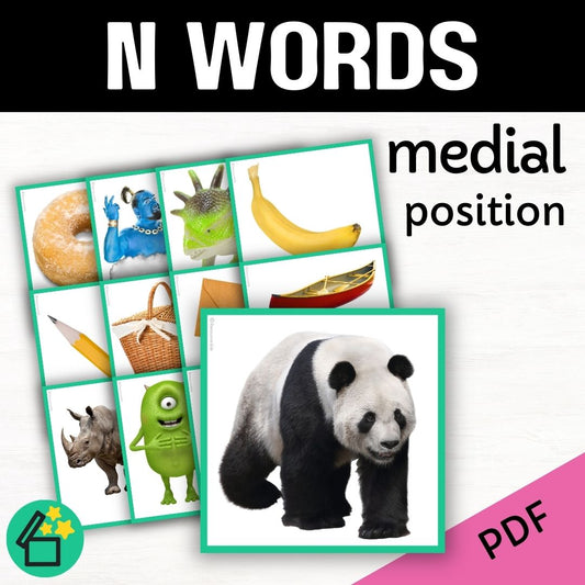 Speech therapy target word lists. Words with N in the middle. Eliciting N in medial position. Resources for teaching the N sound. Eliciting speech sounds with Speech Therapist Kate Beckett. Speech therapy activities, materials, and games for Teachers by Resourceible.