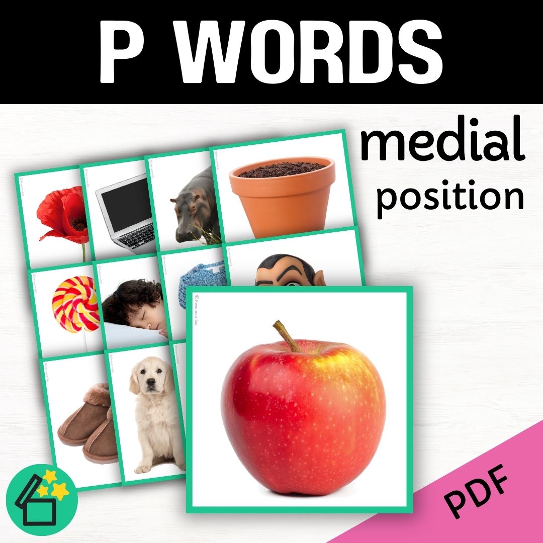 Speech therapy target word lists. Words with P in the middle. Eliciting P in medial position. Resources for teaching the P sound. Eliciting speech sounds with Speech Therapist Kate Beckett. Speech therapy activities, materials, and games for Teachers by Resourceible.
