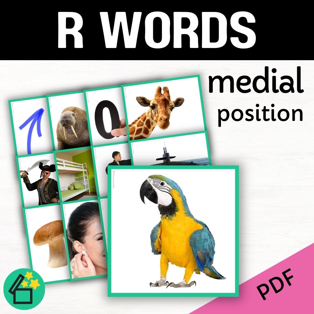 Speech therapy target word lists. Words with R in the middle. Eliciting R in medial position. Resources for teaching the R sound. Eliciting speech sounds with Speech Therapist Kate Beckett. Speech therapy activities, materials, and games for Teachers by Resourceible.
