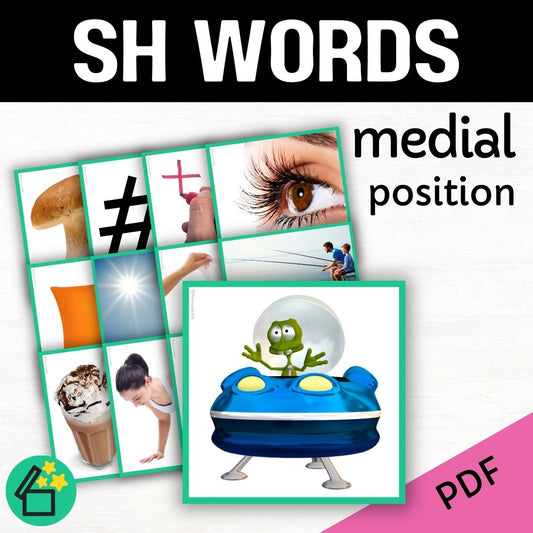 Speech therapy target word lists. Words with SH in the middle. Eliciting SH in medial position. Resources for teaching the SH sound. Eliciting speech sounds with Speech Therapist Kate Beckett. Speech therapy activities, materials, and games for Teachers by Resourceible.
