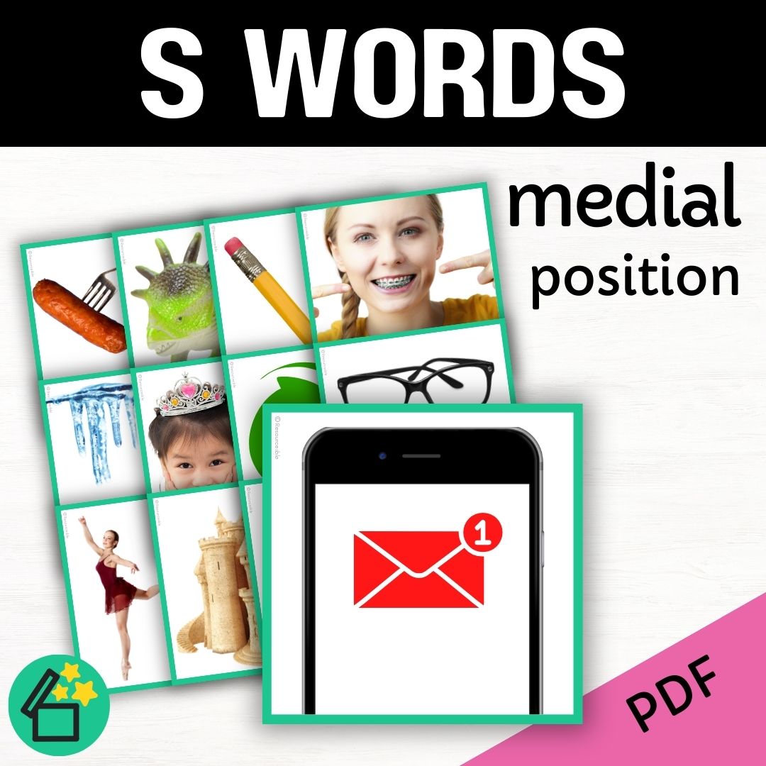 Speech therapy target word lists. Words with S in the middle. Eliciting S in medial position. Resources for teaching the S sound. Eliciting speech sounds with Speech Therapist Kate Beckett. Speech therapy activities, materials, and games for Teachers by Resourceible.