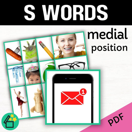 Speech therapy target word lists. Words with S in the middle. Eliciting S in medial position. Resources for teaching the S sound. Eliciting speech sounds with Speech Therapist Kate Beckett. Speech therapy activities, materials, and games for Teachers by Resourceible.